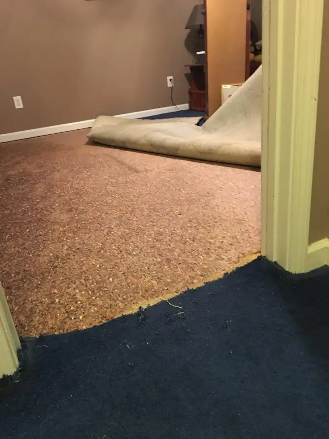 Carpet pad removal revealing water damage during Water Mitigation Services in Grove